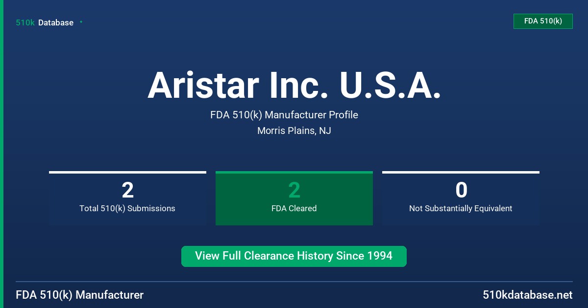 Aristar Inc. U.S.A. FDA 510(k) Manufacturer Profile