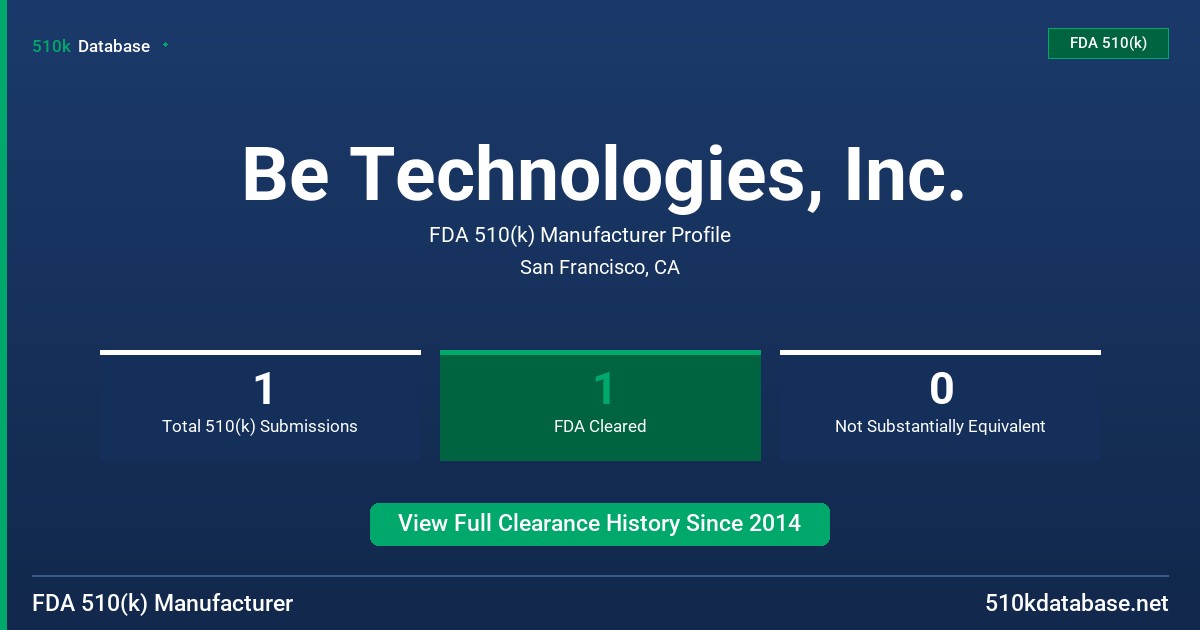 Be Technologies, Inc. FDA 510(k) Manufacturer Profile