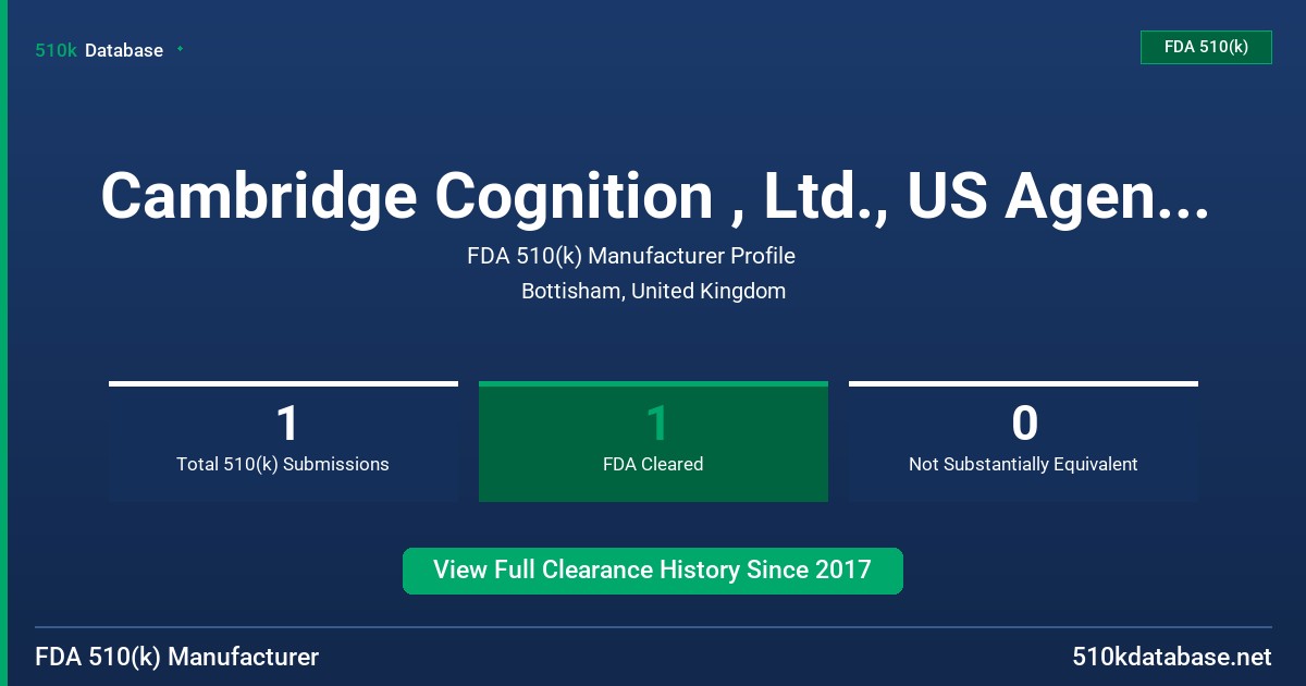 Cambridge Cognition , Ltd., US Agent: Clementi Associates , Ltd. FDA 510(k) Manufacturer Profile