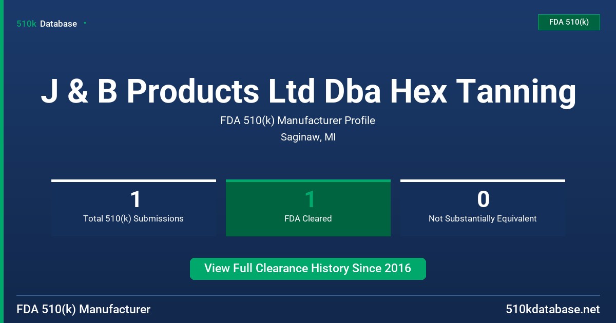 J & B Products Ltd Dba Hex Tanning FDA 510(k) Manufacturer Profile