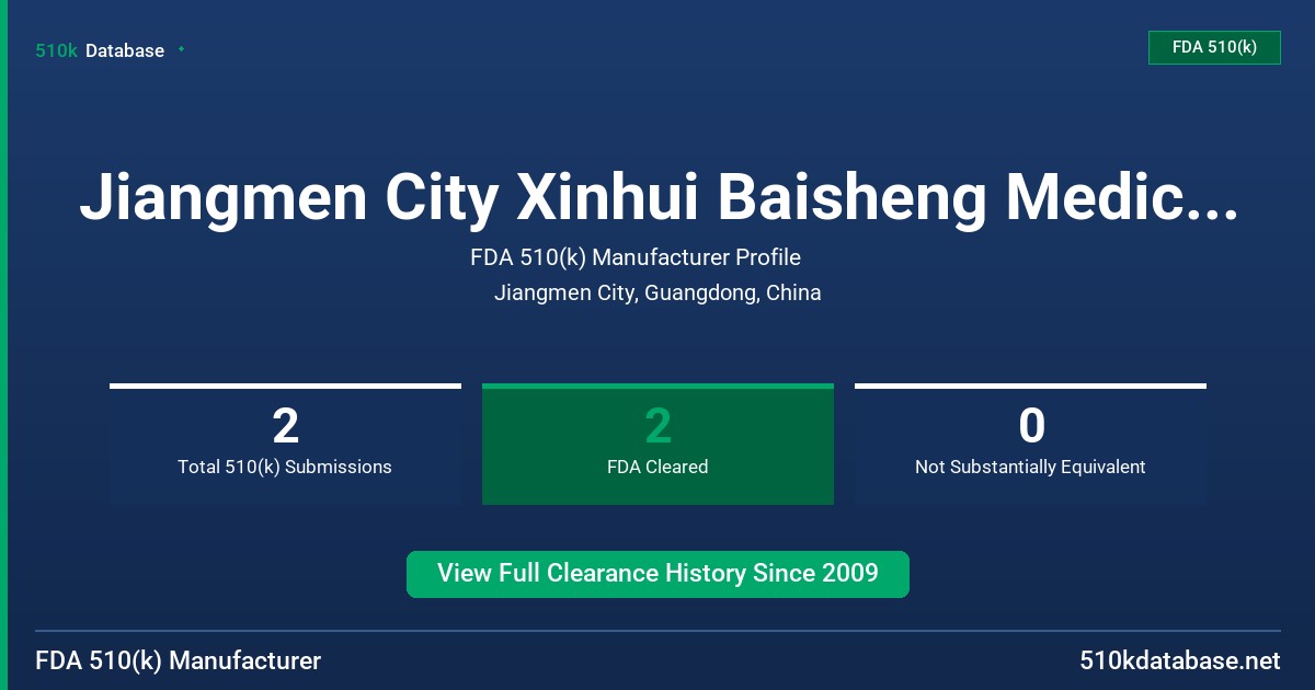 Jiangmen City Xinhui Baisheng Medical Equipment CO FDA 510(k) Manufacturer Profile