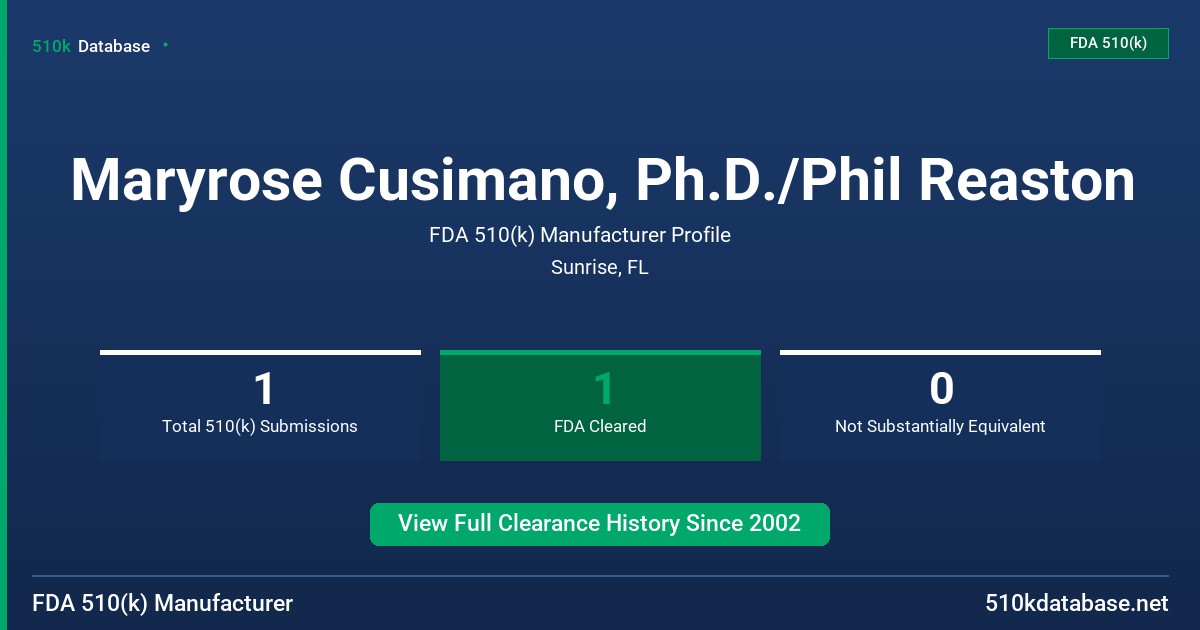 Maryrose Cusimano, Ph.D./Phil Reaston FDA 510(k) Manufacturer Profile