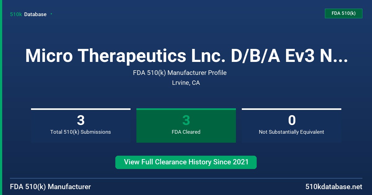Micro Therapeutics Lnc. D/B/A Ev3 Neurovascular FDA 510(k) Manufacturer Profile
