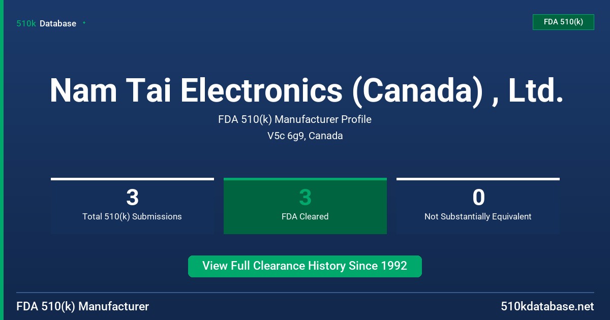 Nam Tai Electronics (Canada) , Ltd. FDA 510(k) Manufacturer Profile