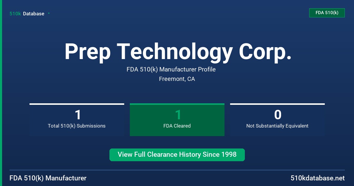 Prep Technology Corp. FDA 510(k) Manufacturer Profile