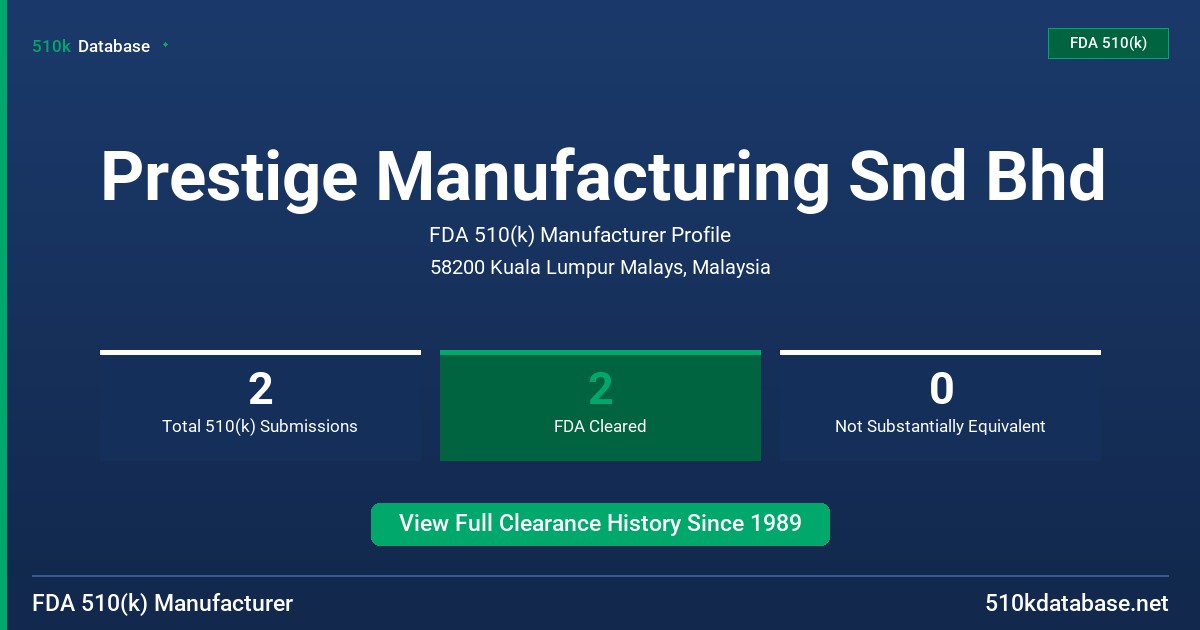 Prestige Manufacturing Snd Bhd FDA 510(k) Manufacturer Profile