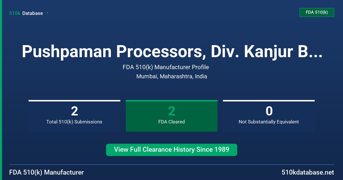 Pushpaman Processors, Div. Kanjur Bleaching Co. PV FDA 510(k) Manufacturer Profile
