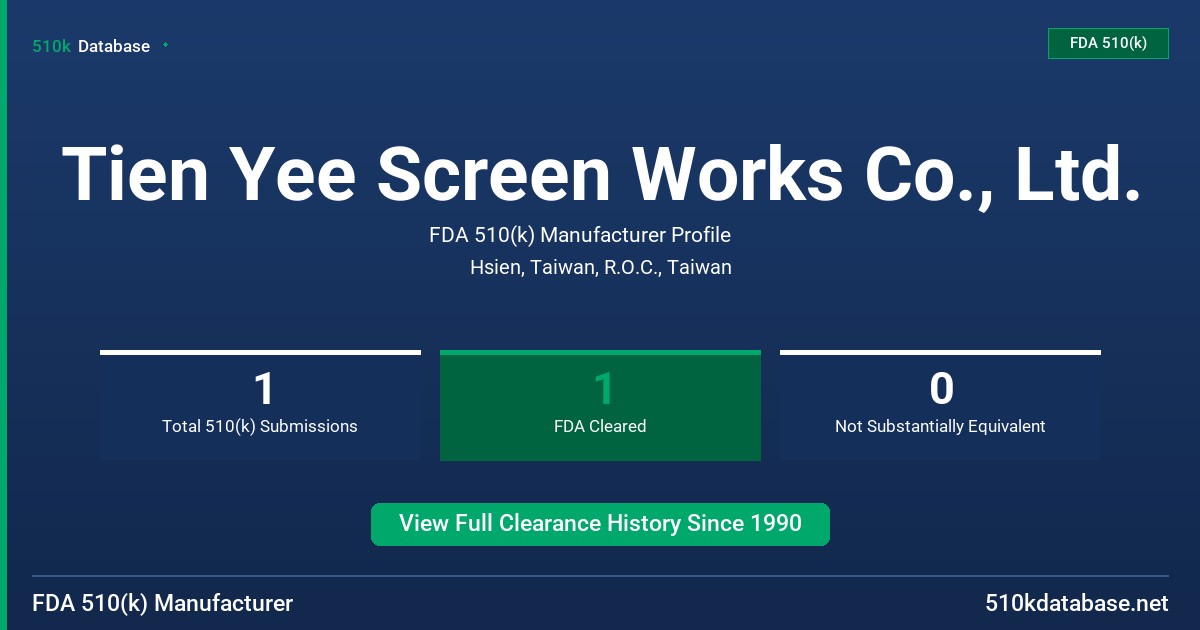 Tien Yee Screen Works Co., Ltd. FDA 510(k) Manufacturer Profile