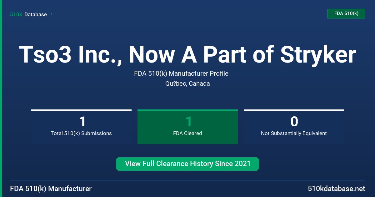 Tso3 Inc., Now A Part of Stryker FDA 510(k) Manufacturer Profile