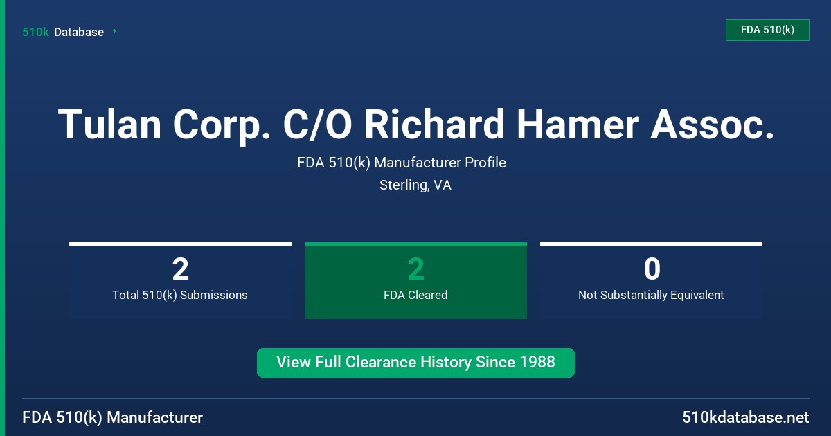 Tulan Corp. C/O Richard Hamer Assoc. FDA 510(k) Manufacturer Profile