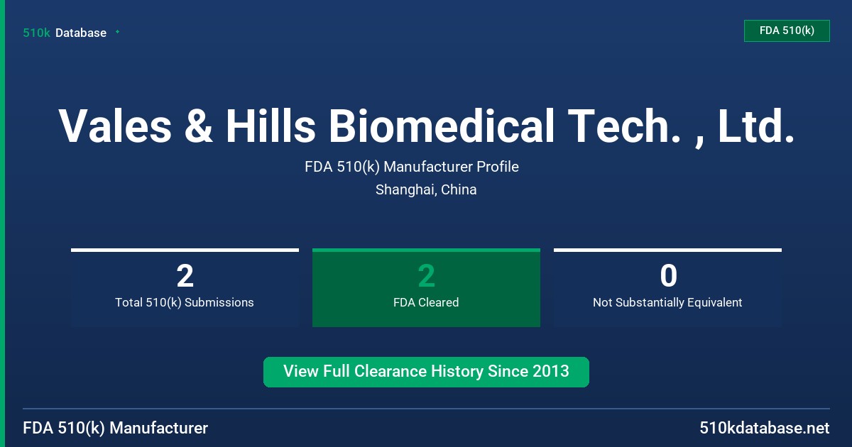 Vales & Hills Biomedical Tech. , Ltd. FDA 510(k) Manufacturer Profile