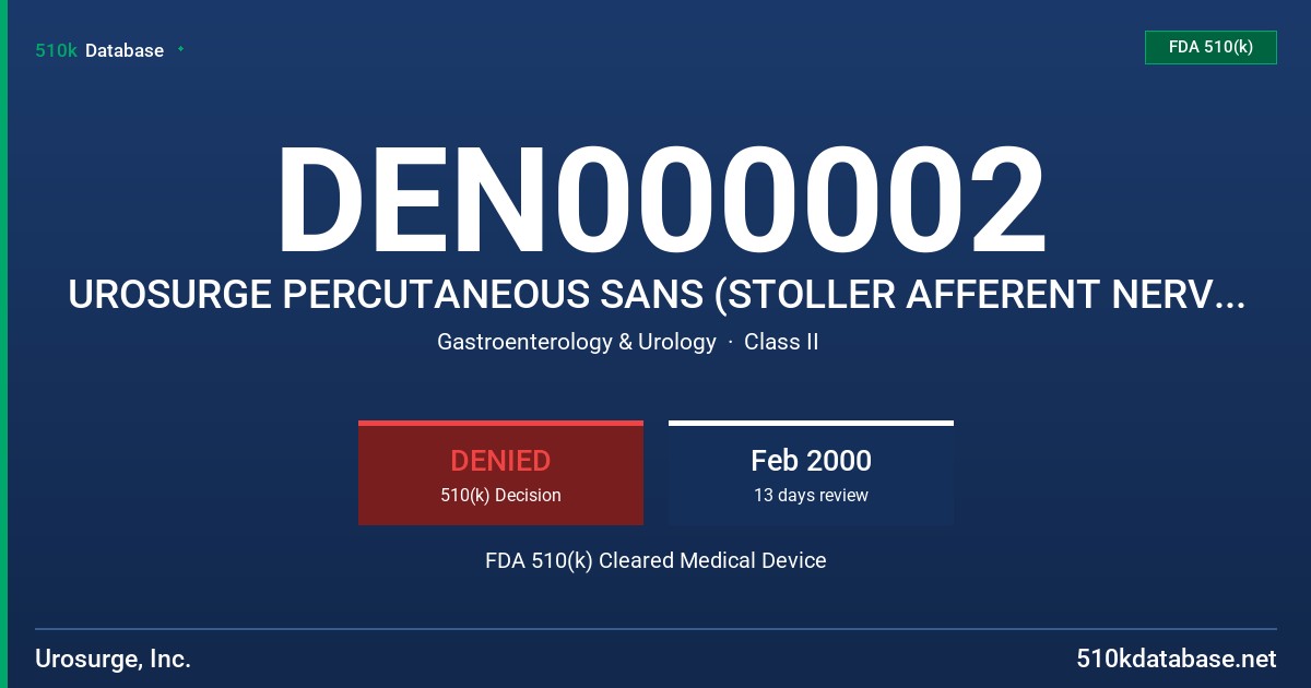 DEN000002 UROSURGE PERCUTANEOUS SANS (STOLLER AFFERENT NERVE STIMULATOR) DEVICE FDA 510(k) Cleared Medical Device