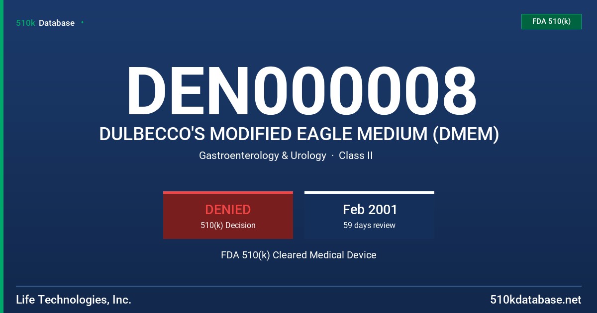 DEN000008 DULBECCO'S MODIFIED EAGLE MEDIUM (DMEM) FDA 510(k) Cleared Medical Device
