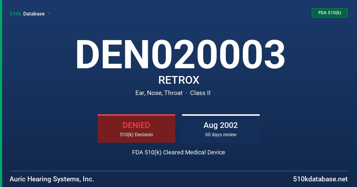 DEN020003 RETROX FDA 510(k) Cleared Medical Device