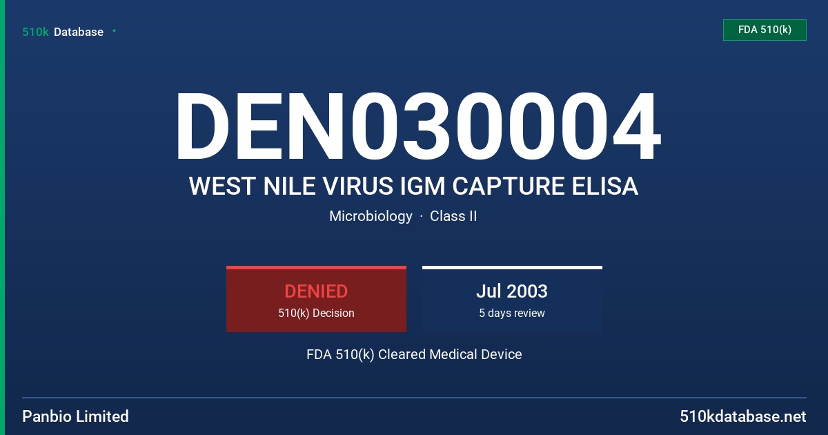 DEN030004 WEST NILE VIRUS IGM CAPTURE ELISA FDA 510(k) Cleared Medical Device