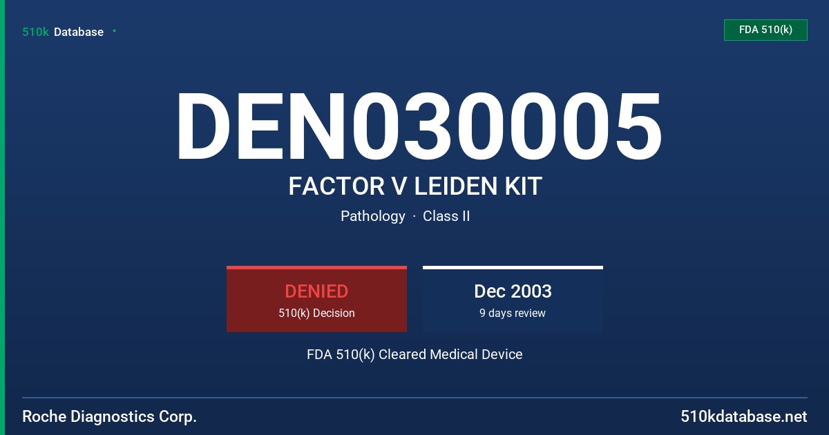 DEN030005 FACTOR V LEIDEN KIT FDA 510(k) Cleared Medical Device