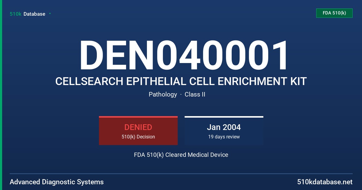 DEN040001 CELLSEARCH EPITHELIAL CELL ENRICHMENT KIT FDA 510(k) Cleared Medical Device
