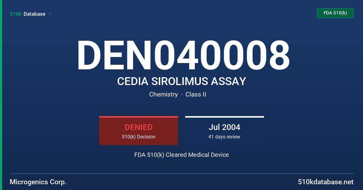 DEN040008 CEDIA SIROLIMUS ASSAY FDA 510(k) Cleared Medical Device
