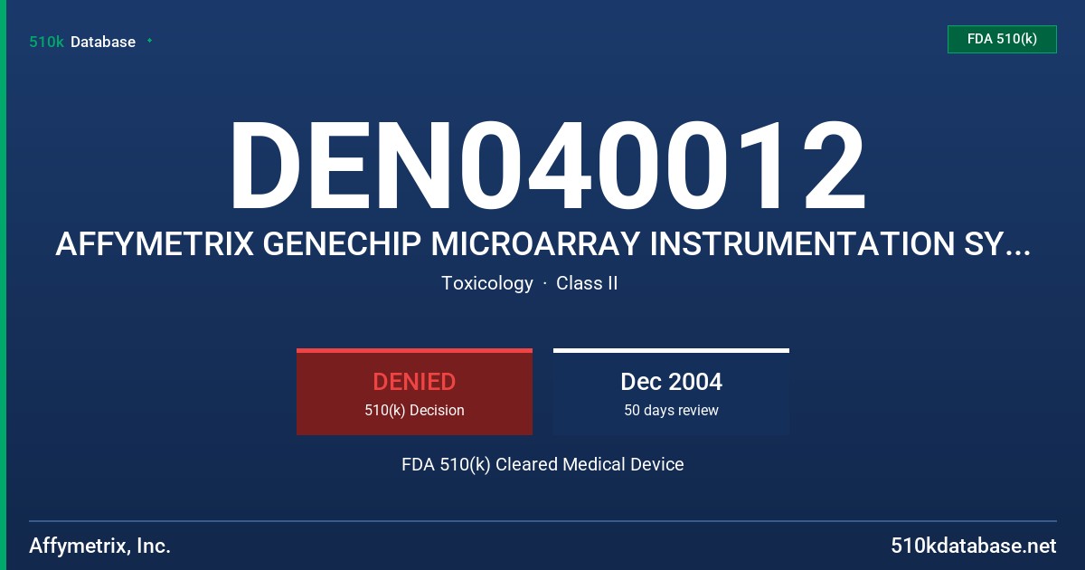 DEN040012 AFFYMETRIX GENECHIP MICROARRAY INSTRUMENTATION SYSTEM FDA 510(k) Cleared Medical Device