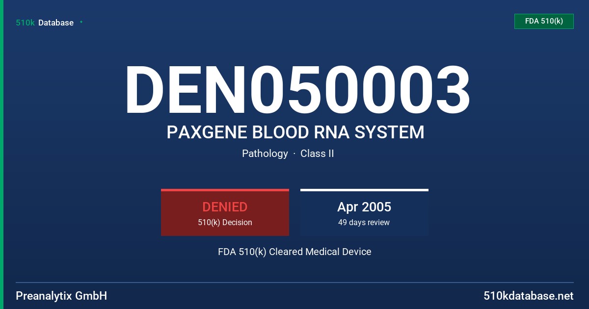 DEN050003 PAXGENE BLOOD RNA SYSTEM FDA 510(k) Cleared Medical Device