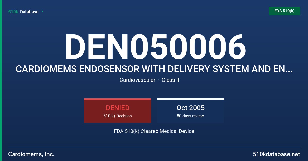DEN050006 CARDIOMEMS ENDOSENSOR WITH DELIVERY SYSTEM AND ENDOSENSOR ELECTRONICS SYSTEM FDA 510(k) Cleared Medical Device