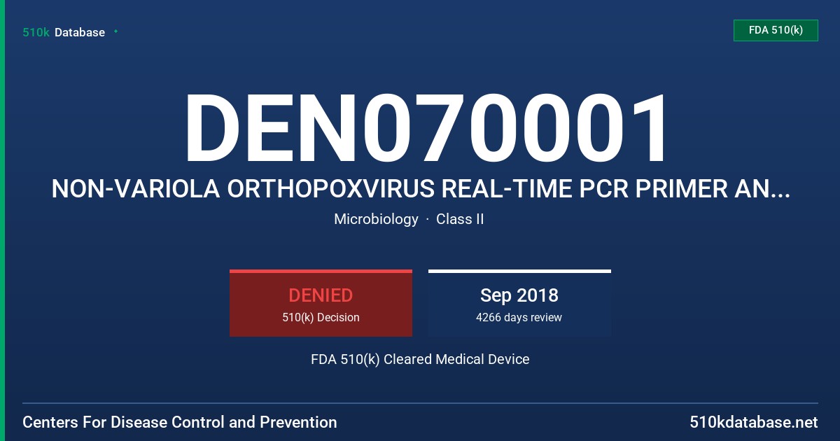DEN070001 NON-VARIOLA ORTHOPOXVIRUS REAL-TIME PCR PRIMER AND PROBE SET FDA 510(k) Cleared Medical Device
