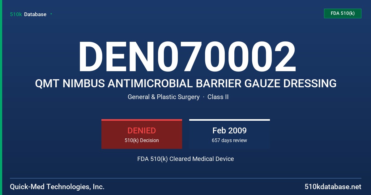DEN070002 QMT NIMBUS ANTIMICROBIAL BARRIER GAUZE DRESSING FDA 510(k) Cleared Medical Device