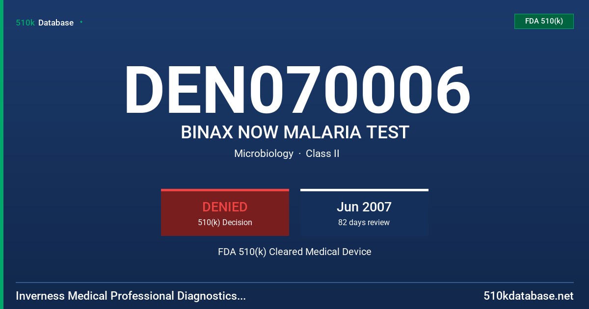 DEN070006 BINAX NOW MALARIA TEST FDA 510(k) Cleared Medical Device