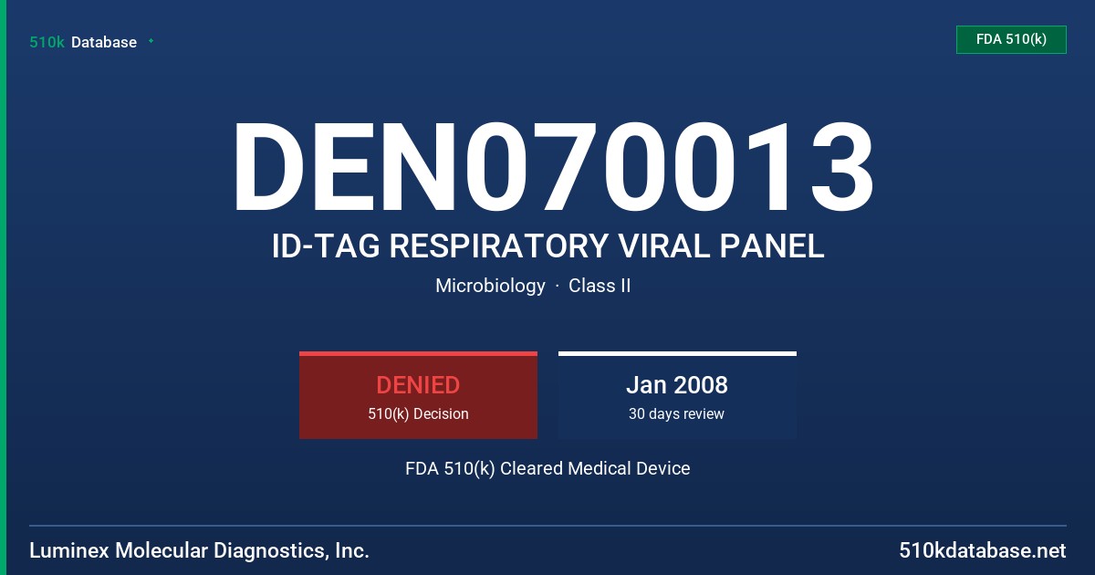DEN070013 ID-TAG RESPIRATORY VIRAL PANEL FDA 510(k) Cleared Medical Device