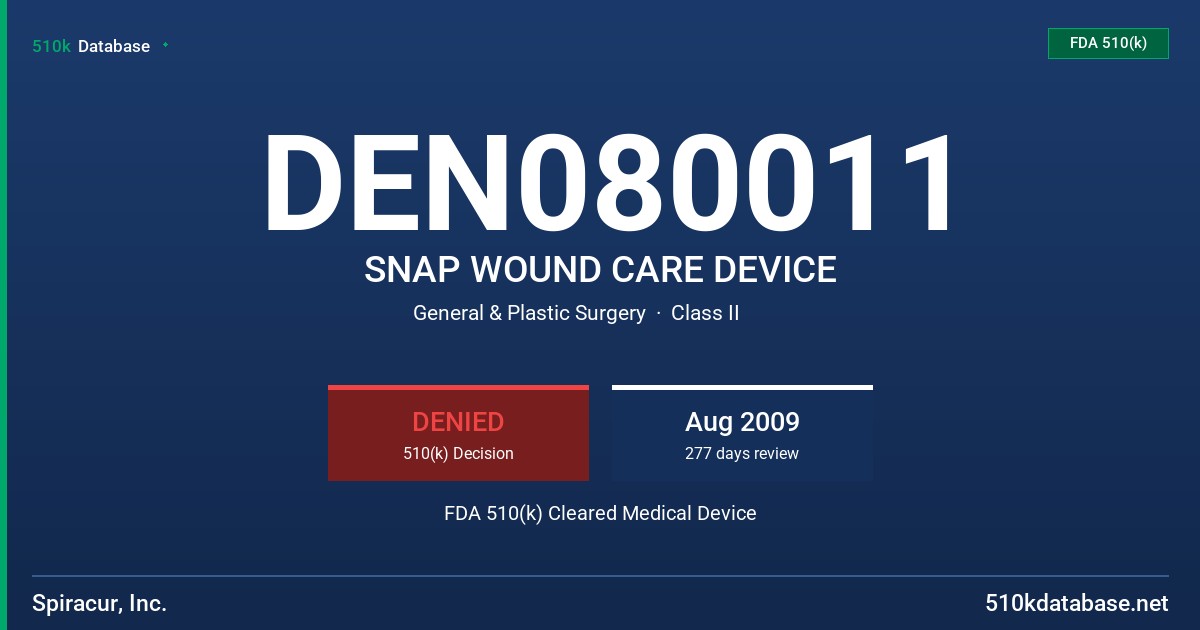 DEN080011 SNAP WOUND CARE DEVICE FDA 510(k) Cleared Medical Device