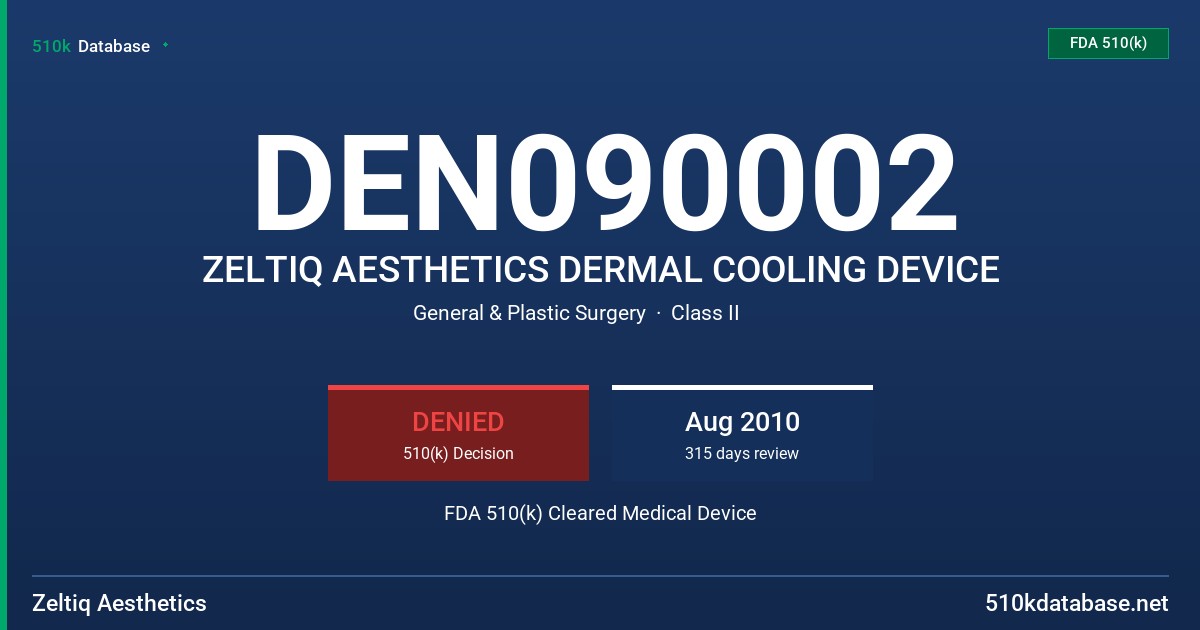 DEN090002 ZELTIQ AESTHETICS DERMAL COOLING DEVICE FDA 510(k) Cleared Medical Device