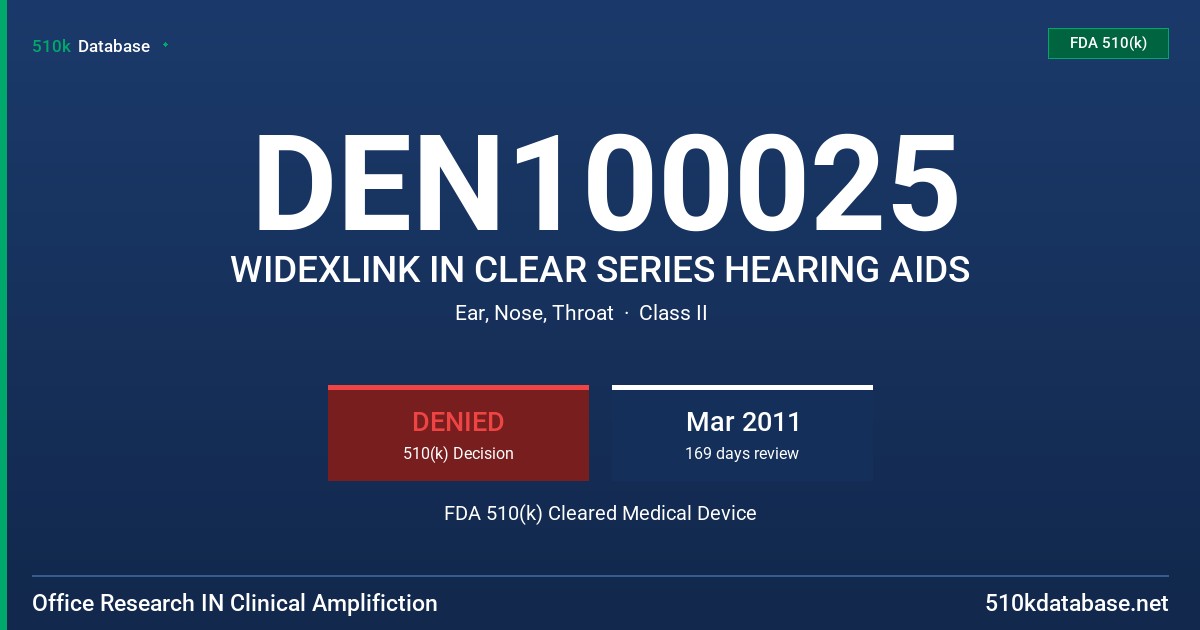 DEN100025 WIDEXLINK IN CLEAR SERIES HEARING AIDS FDA 510(k) Cleared Medical Device