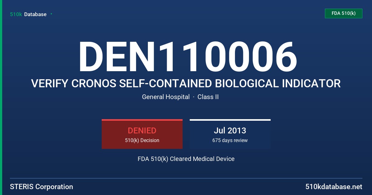 DEN110006 VERIFY CRONOS SELF-CONTAINED BIOLOGICAL INDICATOR FDA 510(k) Cleared Medical Device