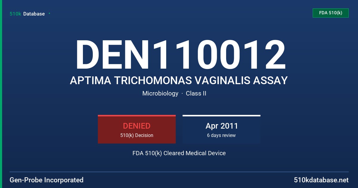 DEN110012 APTIMA TRICHOMONAS VAGINALIS ASSAY FDA 510(k) Cleared Medical Device