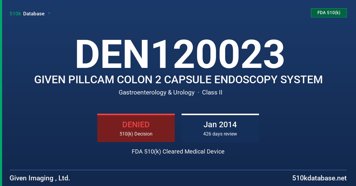 DEN120023 GIVEN PILLCAM COLON 2 CAPSULE ENDOSCOPY SYSTEM FDA 510(k) Cleared Medical Device