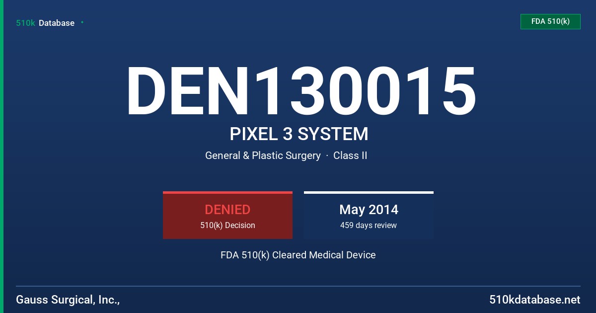 DEN130015 PIXEL 3 SYSTEM FDA 510(k) Cleared Medical Device