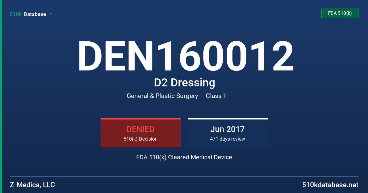 DEN160012 D2 Dressing FDA 510(k) Cleared Medical Device