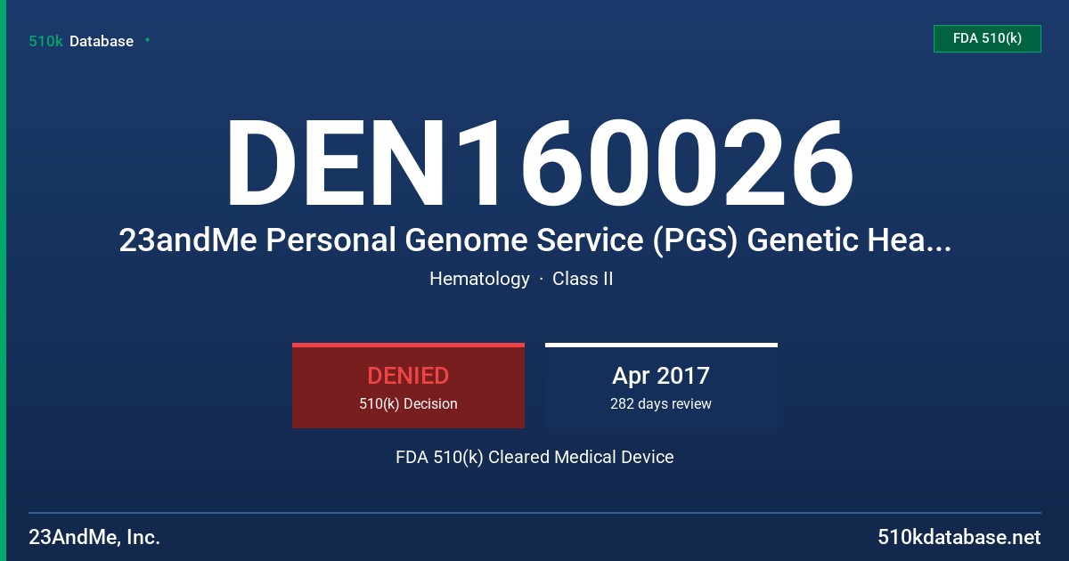 DEN160026 23andMe Personal Genome Service (PGS) Genetic Health Risk Test for Hereditary Thrombophilia FDA 510(k) Cleared Medical Device