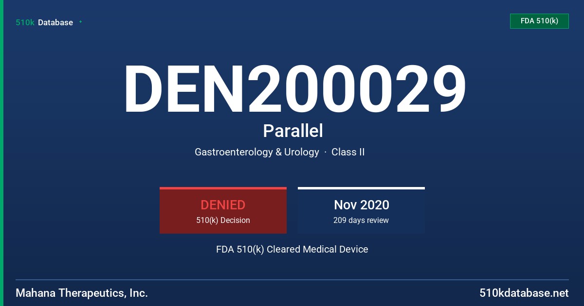 DEN200029 Parallel FDA 510(k) Cleared Medical Device