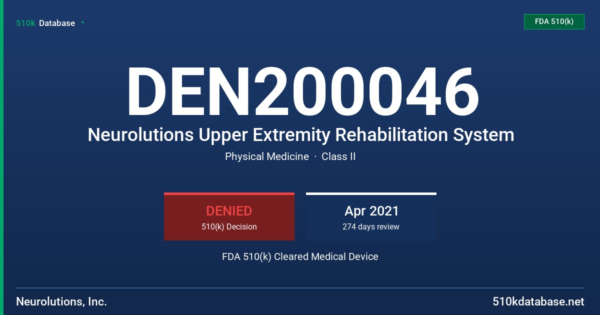 DEN200046 Neurolutions Upper Extremity Rehabilitation System FDA 510(k) Cleared Medical Device