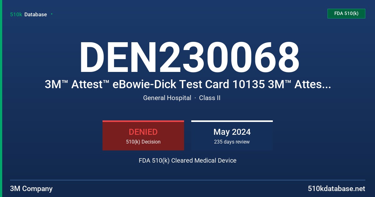 DEN230068 3M™ Attest™ eBowie-Dick Test Card 10135 3M™ Attest™ eBowie-Dick Card Holder 10135CH 3M™ Attest™ eBowie-Dick Auto-reader 1190 FDA 510(k) Cleared Medical Device