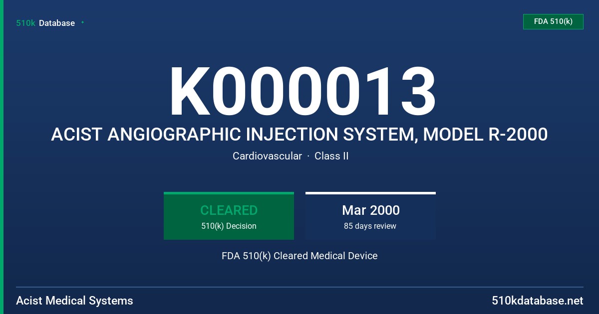 K000013 ACIST ANGIOGRAPHIC INJECTION SYSTEM, MODEL R-2000 FDA 510(k) Cleared Medical Device