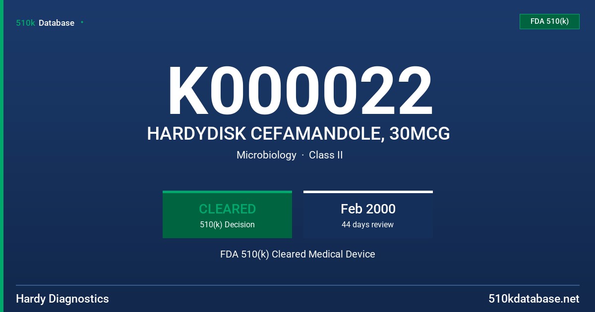 K000022 HARDYDISK CEFAMANDOLE, 30MCG FDA 510(k) Cleared Medical Device