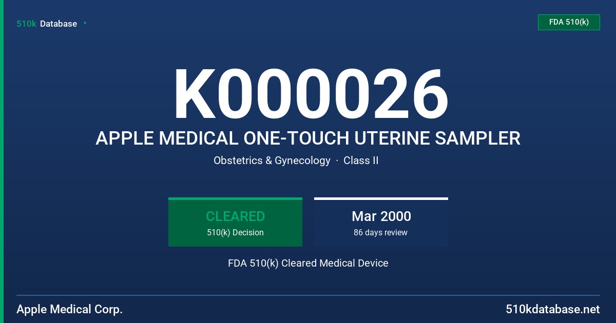 K000026 APPLE MEDICAL ONE-TOUCH UTERINE SAMPLER FDA 510(k) Cleared Medical Device