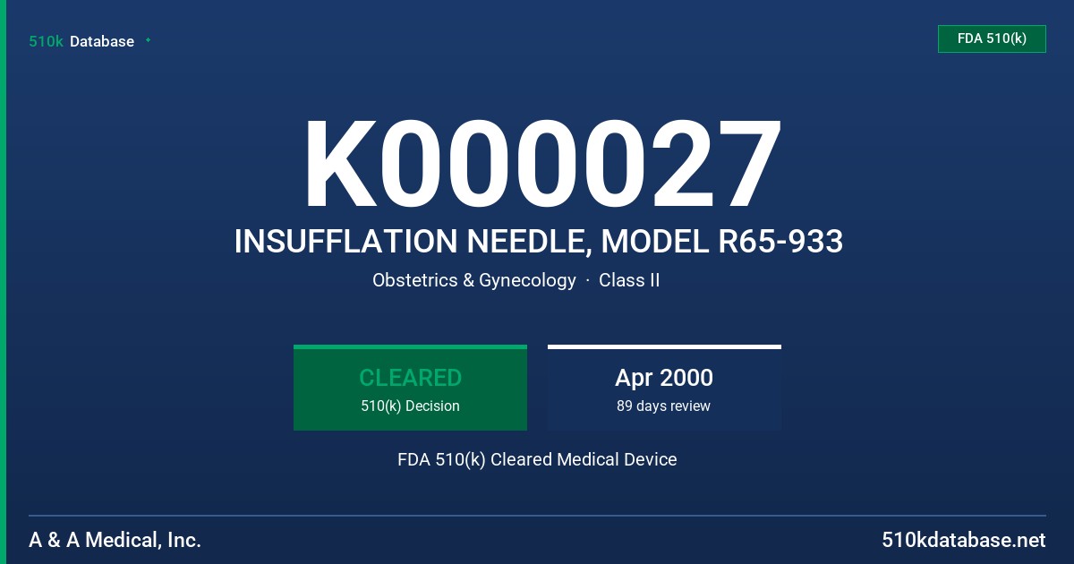 K000027 INSUFFLATION NEEDLE, MODEL R65-933 FDA 510(k) Cleared Medical Device