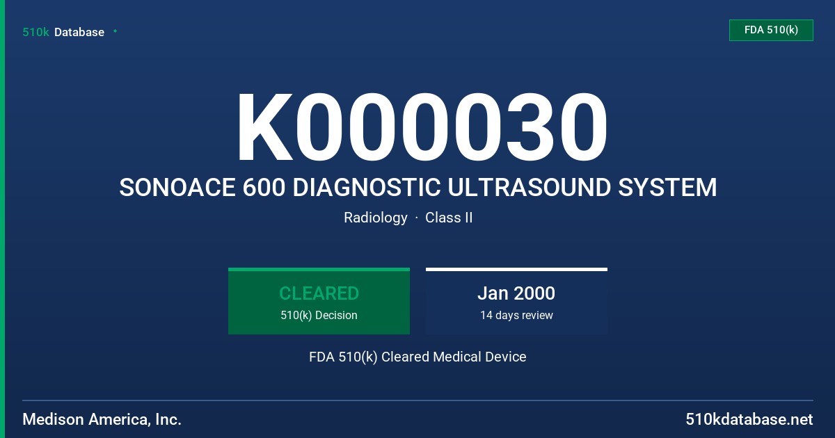 K000030 SONOACE 600 DIAGNOSTIC ULTRASOUND SYSTEM FDA 510(k) Cleared Medical Device