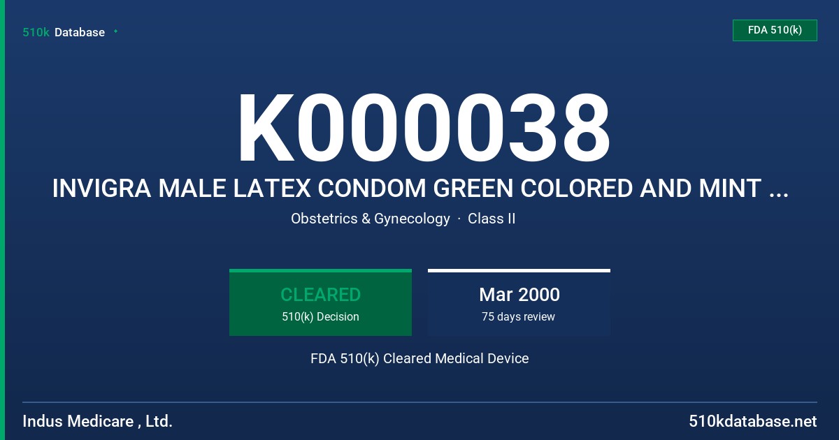 K000038 INVIGRA MALE LATEX CONDOM GREEN COLORED AND MINT FLAVORED FDA 510(k) Cleared Medical Device