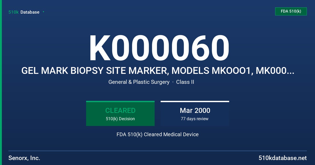 K000060 GEL MARK BIOPSY SITE MARKER, MODELS MKOOO1, MK0004, MK0007 FDA 510(k) Cleared Medical Device