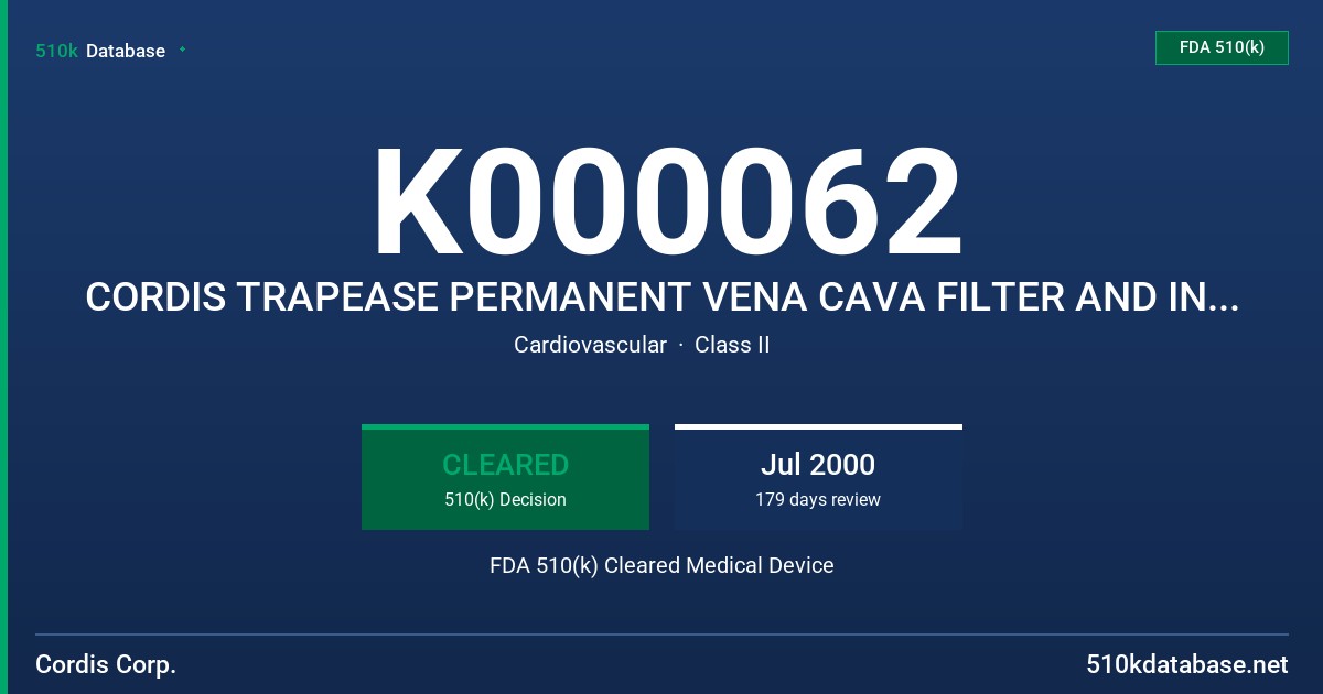 K000062 CORDIS TRAPEASE PERMANENT VENA CAVA FILTER AND INTRODUCTION KIT FDA 510(k) Cleared Medical Device
