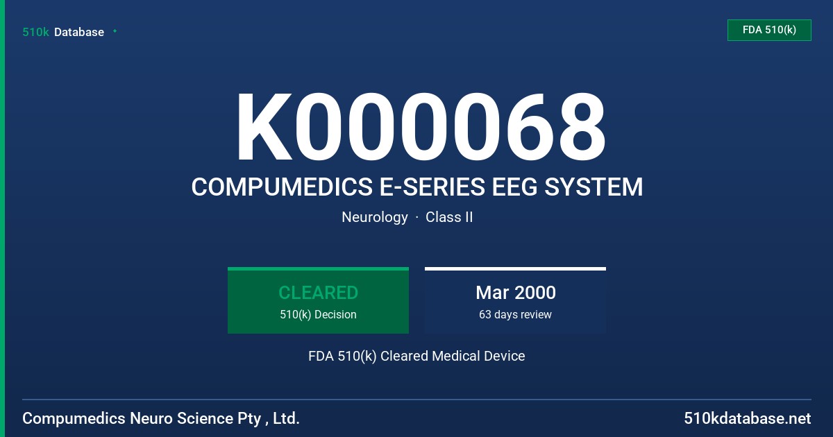 K000068 COMPUMEDICS E-SERIES EEG SYSTEM FDA 510(k) Cleared Medical Device